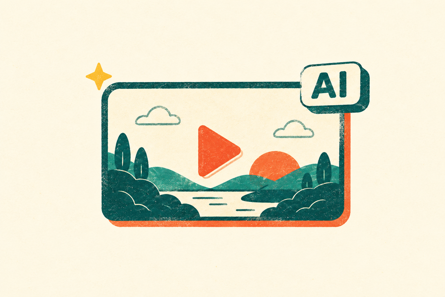 纸感插画：AI 标识与简洁的视频播放画面